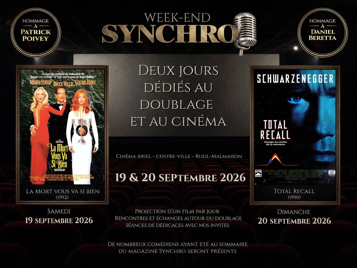 Affiche du Week-end SYNCHRO des 19 et 20 septembre 2026 au cinéma Ariel de Rueil-Malmaison : projections de La Mort vous va si bien et Total Recall, hommages à Patrick Poivey et Daniel Beretta